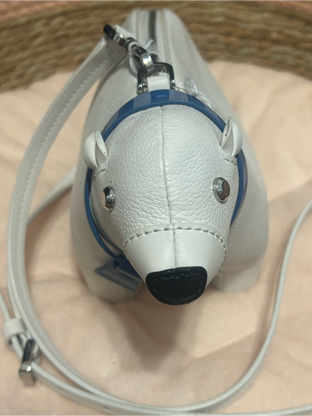 NWOT White Leather Polar Bear Shaped Crossbody Bag with Blue Striped Collar